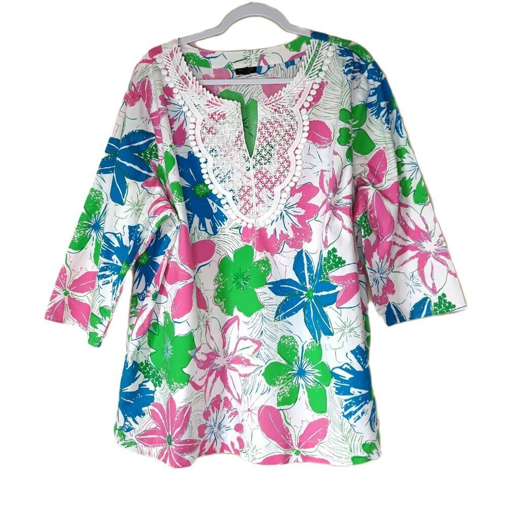 Tropical Floral Tunic Top Crochet 3/4 Sleeve Cotton Boho Vacation Trip Resort